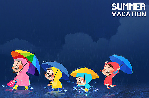 PSD 계절 여자 남자 어린이 일러스트 우산 날씨 방학 여름방학 장화 사람 여러명 야외 여름 자유 비 시원함 즐거움 상쾌 우비 어린이만 국내일러스트 자연요소 옷 감정 다수 신발 컨셉 휴가 파일형식 여름_계절