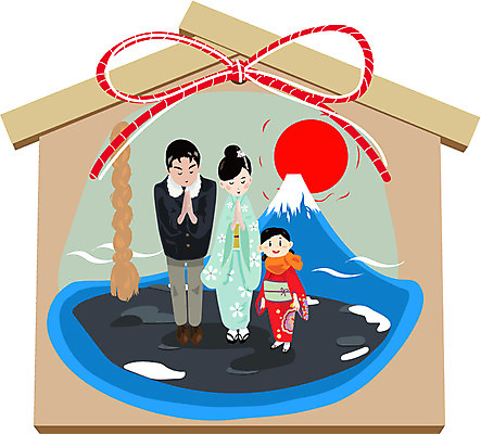 여자 남자 리본 어린이 일러스트 가족 새해 주택 사람 성인 세명 소원 1월 에마 신사_일본건축 국내일러스트 AI파일 관계 건물 날짜 일본건축 파일형식 벡터