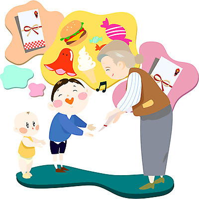 여자 노년 남자 할머니 어린이 일러스트 손자 손녀 아이스크림 디저트 봉투 새해 사탕 사람 성인 세명 햄버거 아기 세뱃돈 용돈 국내일러스트 AI파일 음식 패스트푸드 손주 파일형식 벡터