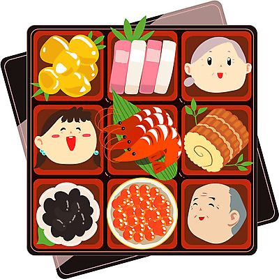 여자 할아버지 노년 남자 할머니 얼굴 어린이 음식 일러스트 손녀 새우 새해 사람 신체부위 세명 도시락 1월 벤또 오세치 국내일러스트 갑각류 성인 날짜 손주 일본음식