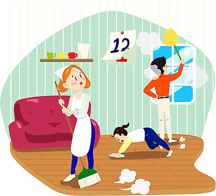 여자 남자 어린이 일러스트 창문 가족 새해 선반 실내 사람 성인 컵 세명 소파 달력 먼지떨이 빗자루 청소 걸레 대청소 연말 국내일러스트 AI파일 식기 가구 의자 관계 내부 청소도구 파일형식 벡터