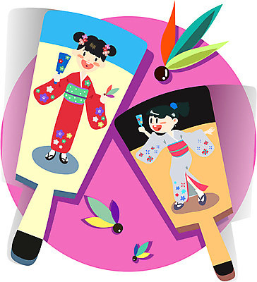 여자 어린이 일러스트 놀이 새해 사람 두명 부채 기모노 제기차기 1월 여자만 어린이만 소녀만 국내일러스트 AI파일 전통놀이 날짜 일본전통의상 파일형식 벡터