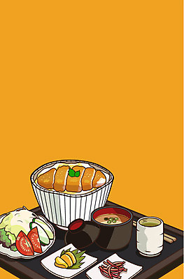 음식 백그라운드 일러스트 사람없음 샐러드 차 덮밥 단무지 정식 가쯔돈 미소된장국 국내일러스트 AI파일 음료 일본음식 파일형식 벡터