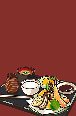 음식 백그라운드 일러스트 젓가락 밥 사람없음 식사 튀김 장국 미소된장국 야채튀김 국내일러스트 AI파일 수저 국 일본음식 파일형식 벡터