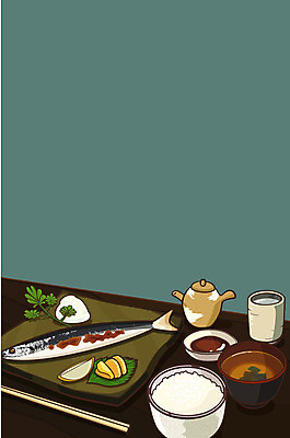 음식 백그라운드 일러스트 젓가락 밥 어류 사람없음 생선구이 정식 장국 꽁치 미소된장국 국내일러스트 AI파일 수저 수중동물 구이 생선요리 국 일본음식 파일형식 벡터
