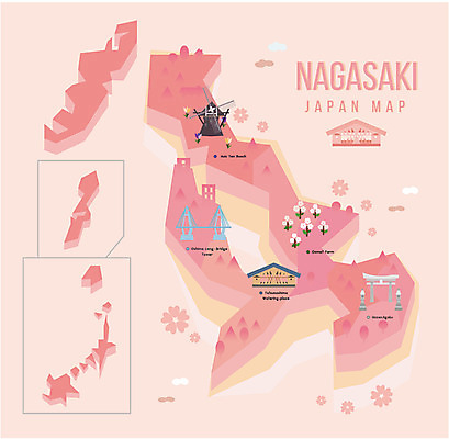 식물 꽃 섬 지도 일러스트 사람없음 관광지 일본 풍차 튤립 플랫 지역 일본지도 나가사키 신사_일본건축 국내일러스트 AI파일 아시아 여행 일본건축 파일형식 벡터