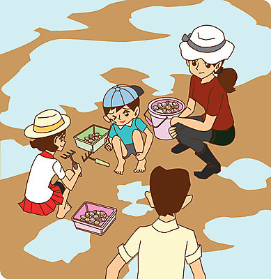 주간 모자 라이프스타일 여자 남자 어린이 일러스트 가족 조개 사람 여러명 성인 야외 바구니 체험학습 갯벌 조개잡이 국내일러스트 AI파일 자연요소 잡화 다수 관계 어패류 어업 생활 체험 파일형식 벡터