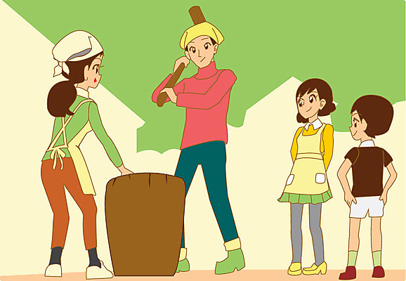 라이프스타일 여자 남자 어린이 일러스트 가족 사람 여러명 성인 절구 메치기 국내일러스트 AI파일 포즈 다수 관계 생활 도구 파일형식 벡터