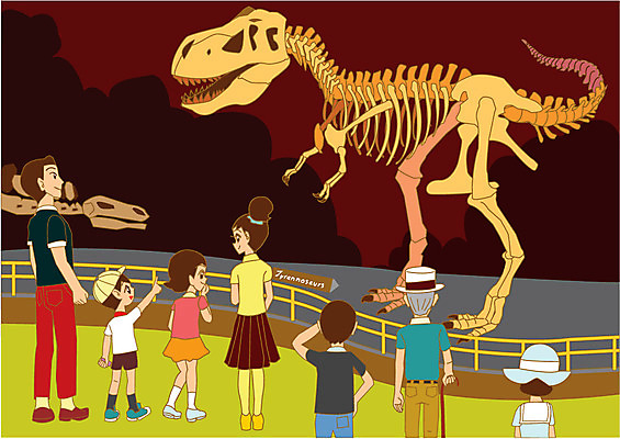 라이프스타일 여자 남자 어린이 일러스트 가족 사람 여러명 성인 공룡 박물관 화석 관람 국내일러스트 AI파일 다수 관계 파충류 생활 파일형식 벡터