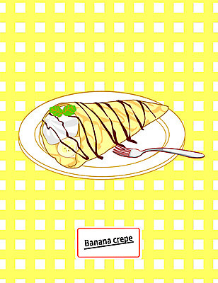 접시 포크 과일 일러스트 디저트 바나나 사람없음 초코시럽 크레페 국내일러스트 AI파일 식기 음식 초콜릿 시럽 파일형식 벡터