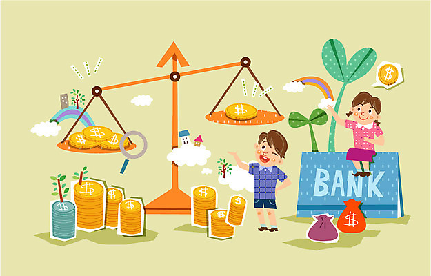 나무 식물 구름 여자 남자 어린이 무지개 일러스트 돋보기 저울 사람 두명 경제 새싹 동전 통장 어린이만 국내일러스트 AI파일 자연요소 돈 금융 파일형식 벡터