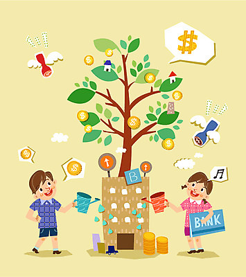 나무 식물 여자 남자 화살표 어린이 날개 음표 일러스트 사람 빌딩 두명 경제 동전 물뿌리개 저축 통장 어린이만 금융의날 국내일러스트 AI파일 기호 음악 돈 건물 금융 파일형식 벡터 법정기념일