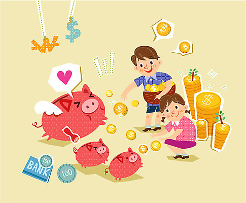 여자 남자 어린이 일러스트 사람 두명 경제 도장 바구니 달러 동전 저축 돼지저금통 화폐기호 통장 어린이만 금융의날 국내일러스트 AI파일 기호 돈 금융 저금통 화폐 파일형식 벡터 법정기념일