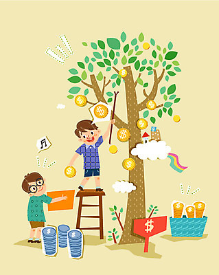 나무 식물 구름 남자 어린이 일러스트 사다리 주택 사람 빌딩 두명 경제 바구니 동전 저축 표지판 막대기 남자만 어린이만 소년만 금융의날 국내일러스트 AI파일 자연요소 돈 알림판 건물 금융 도구 파일형식 벡터 법정기념일