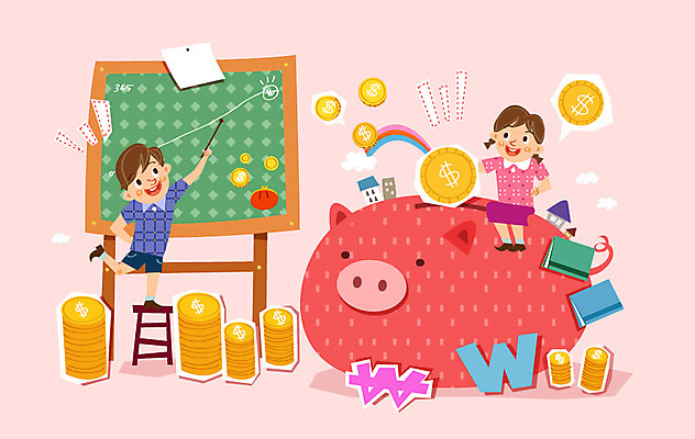 여자 남자 어린이 일러스트 사다리 주택 사람 두명 경제 동전 칠판 저축 돼지저금통 화폐기호 통장 어린이만 금융의날 국내일러스트 AI파일 기호 돈 건물 금융 저금통 도구 화폐 파일형식 벡터 법정기념일