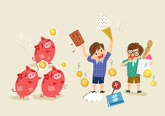 구름 남자 어린이 빵 일러스트 아이스크림 디저트 사람 두명 경제 초콜릿 동전 돼지저금통 가난 통장 남자만 어린이만 소년만 금융의날 국내일러스트 AI파일 자연요소 음식 컨셉 돈 금융 저금통 파일형식 벡터 법정기념일