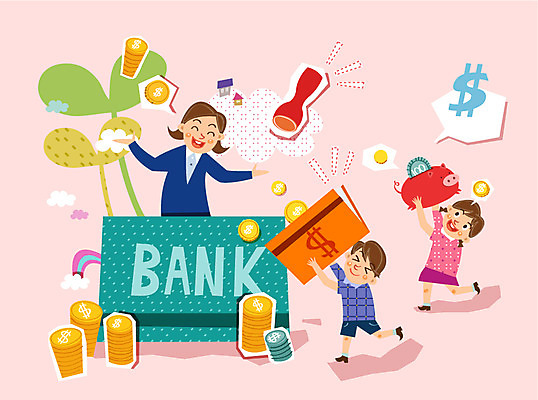 식물 여자 남자 어린이 일러스트 사람 성인 세명 경제 도장 새싹 동전 저축 돼지저금통 은행 통장 금융의날 국내일러스트 AI파일 돈 금융 저금통 파일형식 벡터 법정기념일