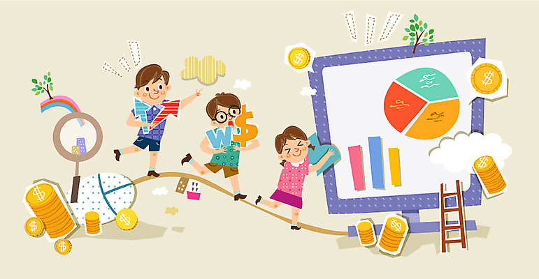 구름 여자 남자 어린이 일러스트 사다리 돋보기 그래프 사람 세명 경제 모니터 동전 저축 마우스 어린이만 금융의날 국내일러스트 AI파일 자연요소 돈 금융 컴퓨터 컴퓨터용품 도구 파일형식 벡터 법정기념일