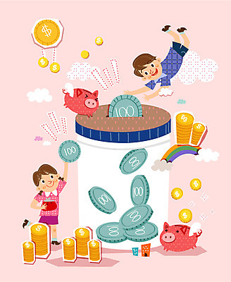 구름 여자 남자 어린이 무지개 날개 일러스트 사람 두명 경제 동전 저축 돼지저금통 동전지갑 어린이만 금융의날 국내일러스트 AI파일 자연요소 돈 금융 저금통 지갑 파일형식 벡터 법정기념일