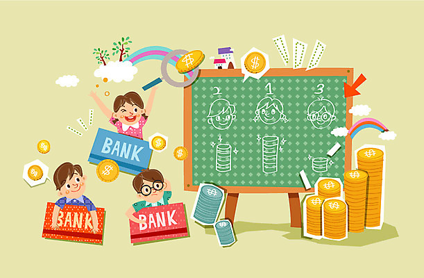 구름 여자 남자 어린이 무지개 일러스트 돋보기 사람 세명 경제 동전 칠판 저축 통장 어린이만 금융의날 국내일러스트 AI파일 자연요소 돈 금융 파일형식 벡터 법정기념일