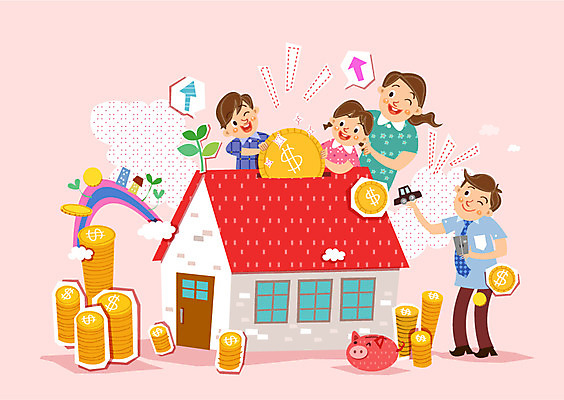 여자 교육 남자 어린이 일러스트 엄마 주택 사람 여러명 성인 경제 부모 동전 돼지저금통 자녀 아빠 금융의날 국내일러스트 AI파일 다수 돈 가족 건물 저금통 파일형식 벡터 법정기념일