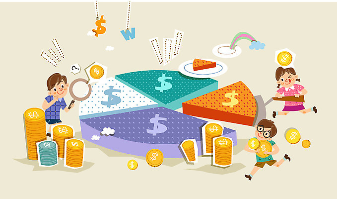 접시 여자 남자 어린이 조각 일러스트 돋보기 그래프 사람 세명 경제 동전 어린이만 국내일러스트 AI파일 식기 돈 파일형식 벡터