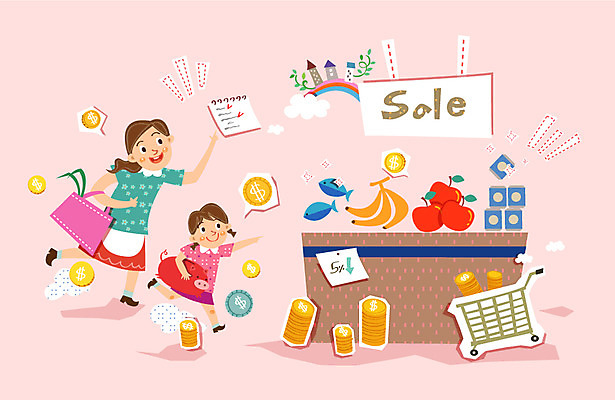 여자 어린이 과일 일러스트 모녀 엄마 바나나 어류 사람 성인 두명 경제 장보기 세일 동전 카트 돼지저금통 사과 마트 여자만 금융의날 국내일러스트 AI파일 딸 돈 가족 상점 수중동물 저금통 파일형식 벡터 법정기념일