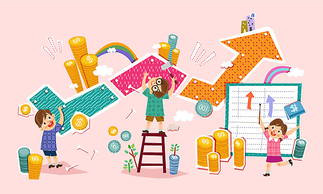 구름 여자 남자 화살표 어린이 무지개 일러스트 사다리 사람 세명 경제 동전 저축 못 망치 통장 용돈기입장 어린이만 금융의날 국내일러스트 AI파일 자연요소 돈 금융 도구 공구 용돈 파일형식 벡터 법정기념일