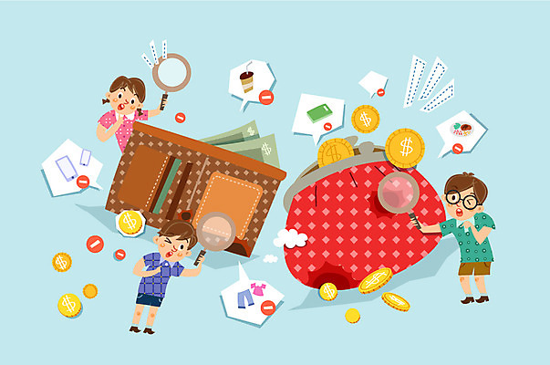 여자 남자 어린이 일러스트 돋보기 사람 세명 경제 동전 지갑 동전지갑 어린이만 국내일러스트 AI파일 돈 파일형식 벡터