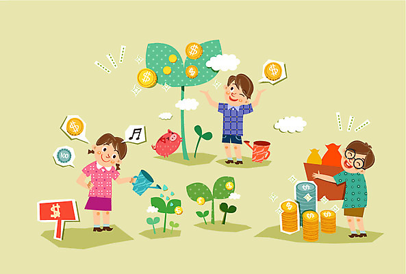 식물 구름 여자 남자 어린이 일러스트 사람 세명 경제 새싹 동전 물뿌리개 저축 돼지저금통 어린이만 금융의날 국내일러스트 AI파일 자연요소 돈 금융 저금통 파일형식 벡터 법정기념일