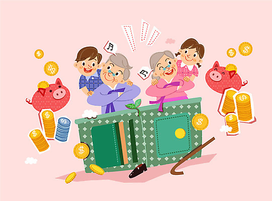 여자 할아버지 노년 남자 할머니 어린이 구두 일러스트 지팡이 사람 여러명 경제 동전 돼지저금통 지갑 한복 용돈 금융의날 국내일러스트 AI파일 한국전통 다수 신발 돈 성인 저금통 전통의상 파일형식 벡터 법정기념일