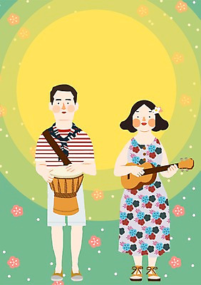 PSD 식물 커플 계절 여자 남자 꽃 악기 연주 일러스트 휴가 휴식 함께함 사람 성인 두명 여름 자유 우쿨렐레 젬베 성인만 국내일러스트 음악 컨셉 관계 현악기 파일형식