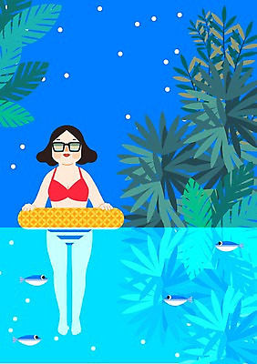 PSD 식물 계절 여자 바다 일러스트 휴가 휴식 나뭇잎 함께함 어류 한명 사람 성인 여름 비키니 수영 자유 튜브 여자만 여자한명만 성인여자만 성인만 국내일러스트 1 수영복 컨셉 잎 수중동물 수상스포츠 파일형식