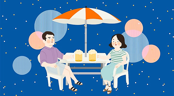 PSD 커플 계절 여자 남자 일러스트 탁자 휴가 휴식 맥주 함께함 사람 앉기 성인 야외 두명 여름 자유 파라솔 야간 맥주잔 야외의자 성인만 국내일러스트 자연요소 가구 컨셉 술잔 의자 관계 모션 주류 파일형식