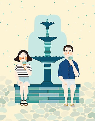 PSD 커플 계절 여자 남자 일러스트 휴가 휴식 아이스크림 함께함 사람 앉기 성인 야외 두명 여름 자유 분수 분수대 분수_분수대 성인만 국내일러스트 컨셉 관계 모션 디저트 파일형식