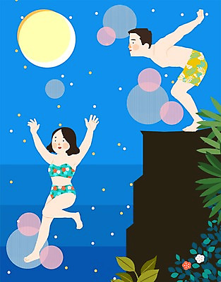 PSD 식물 커플 계절 여자 남자 수영복 꽃 바다 일러스트 휴가 휴식 나뭇잎 함께함 사람 성인 야외 두명 여름 비키니 절벽 자유 야간 다이빙 성인만 국내일러스트 자연요소 옷 컨셉 잎 관계 수영 수중스포츠 파일형식