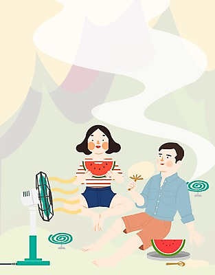 PSD 커플 계절 여자 남자 과일 일러스트 휴식 여름음식 수박 함께함 실내 사람 성인 두명 여름 자유 부채 선풍기 연기 모기장 모기향 성인만 제철음식 제철과일 국내일러스트 음식 컨셉 관계 내부 가전제품 제철 파일형식 여름_계절