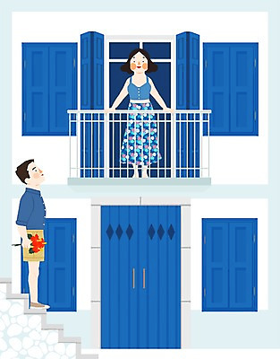 주간 전신 PSD 식물 커플 계절 여자 남자 꽃 프로포즈 일러스트 창문 휴가 휴식 함께함 서기 사람 성인 야외 두명 여름 문 계단 자유 발코니 산토리니 성인만 국내일러스트 자연요소 컨셉 관계 모션 그리스 파일형식