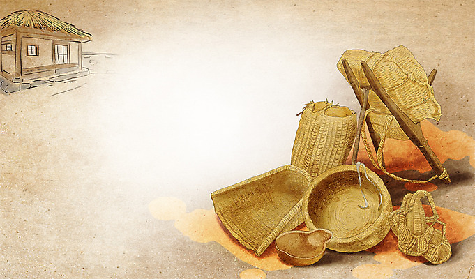 PSD 백그라운드 일러스트 전통소품 초가집 사람없음 건물 바구니 추억 볏짚 순수 오브젝트 복고 과거 짚신 바가지 지게 삼태기 국내일러스트 전통 건축물 신발 컨셉 한옥 짚 파일형식