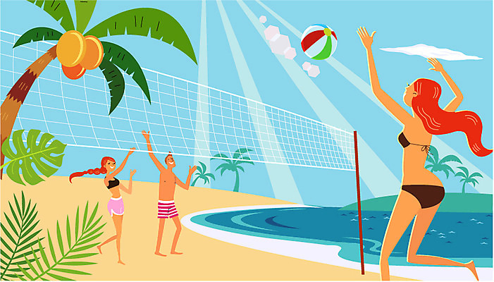 주간 계절 여자 남자 수영복 여행 일러스트 휴가 휴식 사람 성인 해변 야외 세명 여름 여름휴가 바캉스 비키니 야자수 자유 비치볼 비치발리볼 성인만 국내일러스트 AI파일 자연요소 나무 옷 바다 컨셉 공 바캉스용품 배구 파일형식 벡터 여름_계절