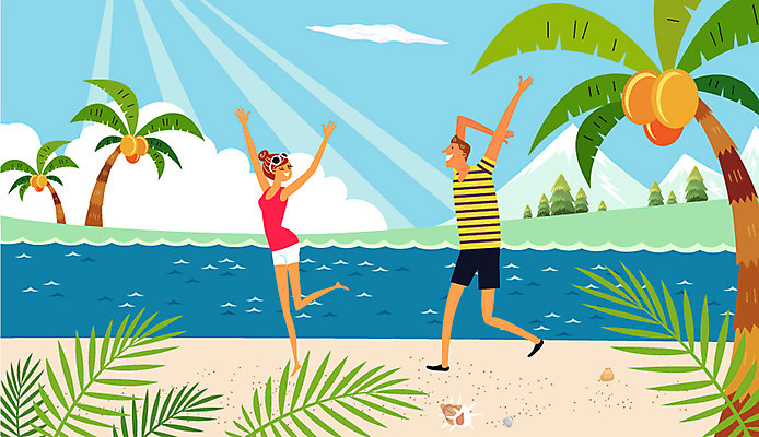 주간 나무 식물 커플 계절 여자 남자 여행 일러스트 휴가 휴식 나뭇잎 산 사람 풍경 성인 해변 야외 두명 여름 여름휴가 바캉스 야자수 자유 성인만 국내일러스트 AI파일 자연요소 바다 컨셉 잎 관계 파일형식 벡터 여름_계절