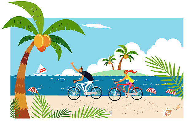 주간 식물 구름 커플 계절 여자 남자 여행 일러스트 휴가 휴식 사람 성인 해변 야외 두명 여름 여름휴가 바캉스 야자수 자전거 자유 파라솔 선박 성인만 국내일러스트 AI파일 자연요소 나무 바다 컨셉 수상교통 관계 바이크 파일형식 벡터 여름_계절