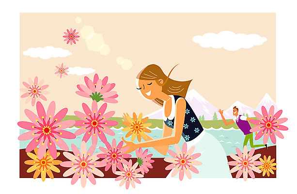 주간 식물 구름 커플 계절 여자 남자 꽃 여행 일러스트 휴가 휴식 산 사람 풍경 성인 야외 두명 여름 여름휴가 바캉스 자유 성인만 국내일러스트 AI파일 자연요소 컨셉 관계 파일형식 벡터 여름_계절