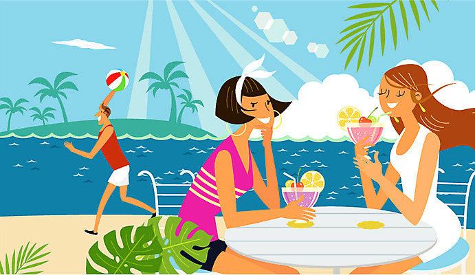 주간 식물 계절 여자 남자 여행 의자 일러스트 탁자 휴가 휴식 사람 성인 해변 야외 세명 여름 여름휴가 바캉스 야자수 자유 칵테일 비치볼 성인만 국내일러스트 AI파일 자연요소 나무 바다 가구 컨셉 공 바캉스용품 주류 파일형식 벡터 여름_계절