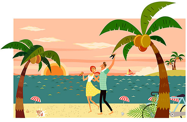 주간 식물 구름 커플 계절 여자 남자 바다 여행 신발 일러스트 휴가 휴식 사람 성인 해변 야외 두명 여름 여름휴가 바캉스 야자수 노을 자전거 자유 파라솔 성인만 국내일러스트 AI파일 자연요소 나무 컨셉 관계 바이크 파일형식 벡터 여름_계절