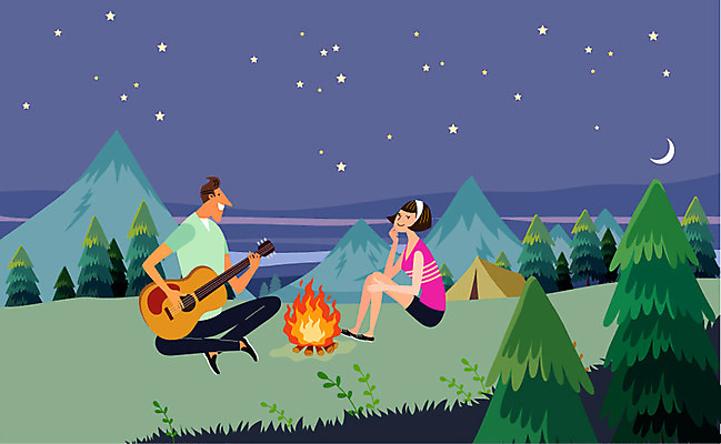나무 식물 계절 여자 남자 별 악기 여행 연주 일러스트 밤하늘 휴가 휴식 산 텐트 사람 풍경 성인 야외 두명 여름 여름휴가 바캉스 자유 달 기타 야간 모닥불 성인만 국내일러스트 AI파일 자연요소 음악 컨셉 하늘 불 현악기 캠핑도구 파일형식 벡터 여름_계절