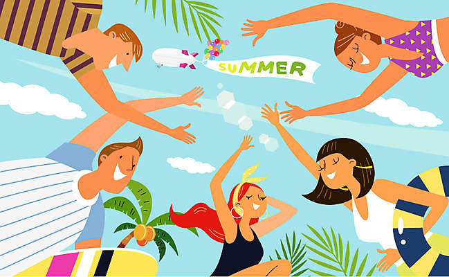 주간 구름 계절 여자 남자 여행 일러스트 휴가 휴식 사람 여러명 성인 야외 여름 여름휴가 바캉스 비키니 야자수 자유 비행선 풍선 튜브 성인만 국내일러스트 AI파일 자연요소 나무 수영복 다수 컨셉 파일형식 벡터 여름_계절