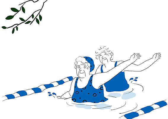 PSD 식물 여자 노년 수영복 일러스트 나뭇잎 수영장 건강 사람 두명 실버라이프 운동 수영 여자만 성인여자만 노인만 성인만 노인여자만 국내일러스트 라이프스타일 옷 잎 성인 수상스포츠 파일형식