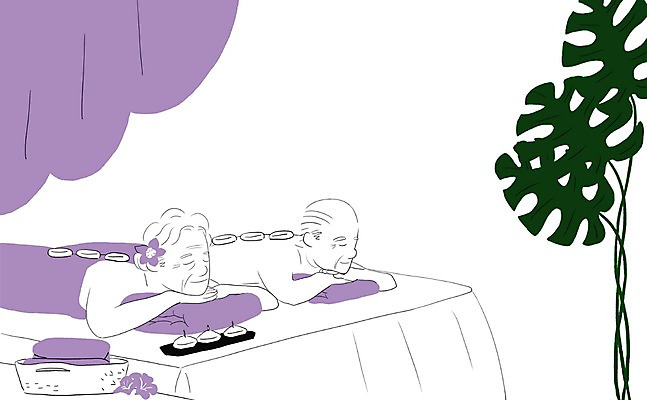 PSD 식물 여자 노년 남자 엎드리기 일러스트 나뭇잎 사람 두명 실버라이프 수건 바구니 노부부 스파 돌_바위 마사지 스톤마사지 노인만 성인만 국내일러스트 라이프스타일 부부 잎 모션 성인 위생용품 파일형식