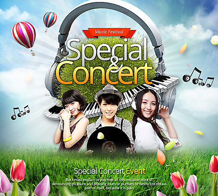 PSD 외국인 식물 템플릿 여자 꽃 문화 음악 웹템플릿 이벤트페이지 사람 동양인 이벤트 잔디 성인 세명 헤드셋 공연 한국인 튤립 열기구 레코드 건반 여자만 성인여자만 성인만 이미지템플릿 음향기기 항공교통 문화예술 인종 헤드폰 음반 페이지 파일형식